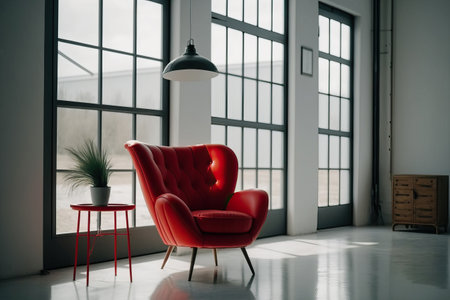 Cozy Red Chair Besides a Big Window in Home Minimalist Interior. Generative AIの素材