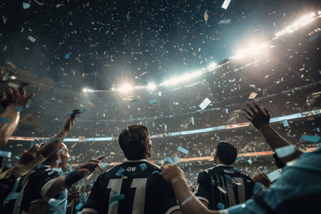From below of Argentine soccer players raising arms and laughing while celebrating victory under confetti. Generative AIの素材