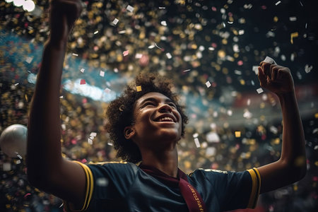 Happy young soccer players raising arms celebrating victory in stadium with confetti. Generative AIの素材