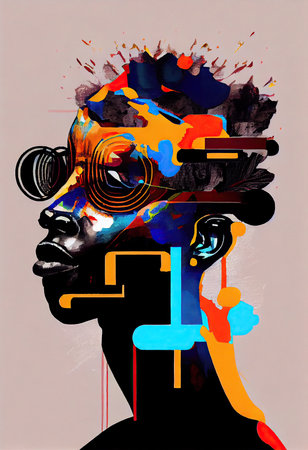 Creative Afrofuturist Illustration of Man with Glasses. Generative AIの素材