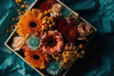 From above bunch of fresh blooming flowers placed in box on blue background. Generative AIの素材