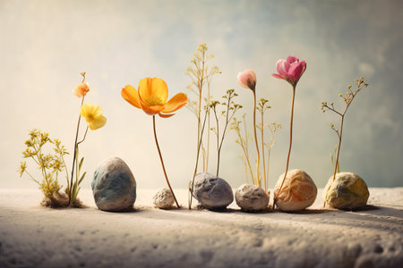 Bunch of fresh blooming flowers placed on table against gray background. Generative AIの素材