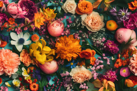 Background of colorful blossoming flowers with gentle petals and pleasant aroma growing in garden. Generative AIの素材