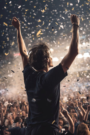 Back view of soccer player celebrating the victory under confetti in crowded stadium, Generative AIの素材