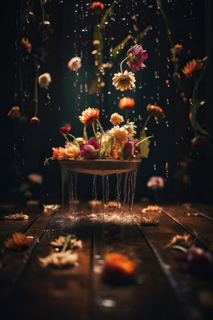 Blossoming flowers with gentle petals and pleasant aroma with rain water falling down on black background. Generative AIの素材