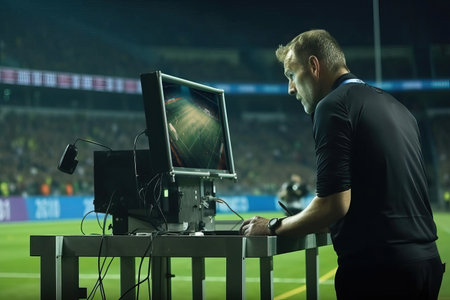 Soccer referee reviewing a play on the screen. Generative AIの素材