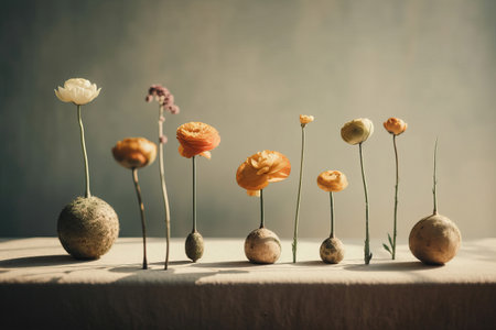 Bunch of fresh blooming flowers placed on table against gray background. Generative AIの素材