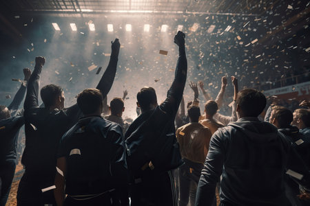 Back view of unrecognizable fans raising arms while celebrating victory in soccer stadium. Generative AIの素材