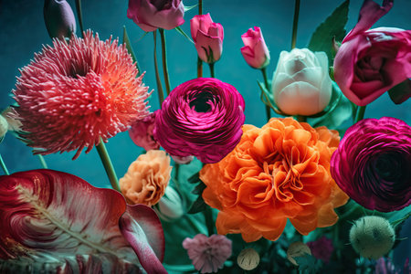 Background of colorful blossoming flowers with gentle petals and pleasant aroma growing in garden. Generative AIの素材