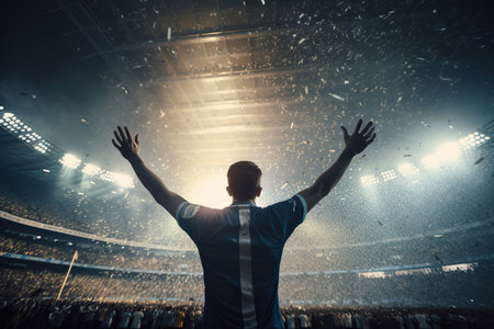 Back view of anonymous fan celebrating victory in soccer stadium. Generative AIの素材