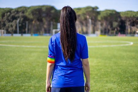 LGBTQ people in soccer sport. Campaign against homophobia in women's football on field.の写真素材