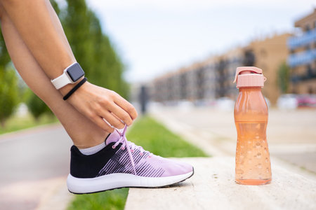 Sport woman tying shoe for fitness training outdoors. Exercise and active lifestyle.の写真素材