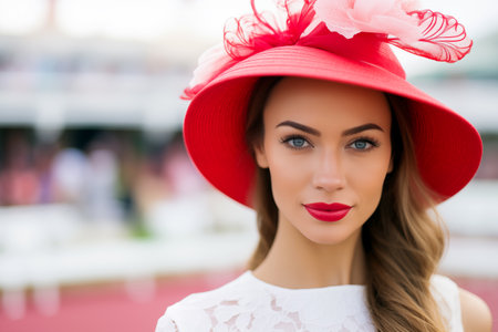 Generative AI image of stylish woman with blonde hair wearing a red hat at a social event looking at cameraの素材