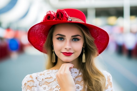 Generative AI image of stylish woman with blonde hair wearing a red hat adorned with roses at a social event looking at cameraの素材