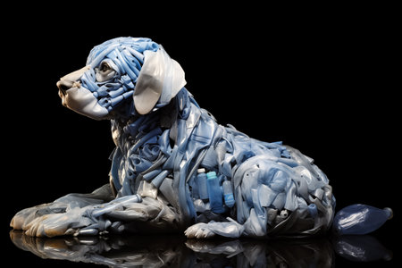 Unique sculpture of a dog made entirely from blue plastic objects on a black background. Generative AI imageの素材