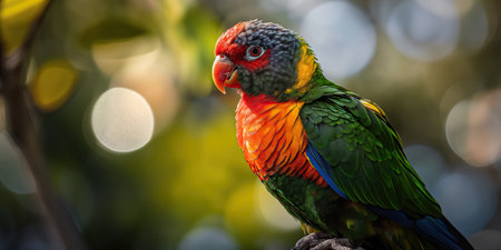 Generative AI illustration of rainbow lorikeet with vivid orange, green and blue plumage sits gracefully amidst a soft focus backgroundの素材