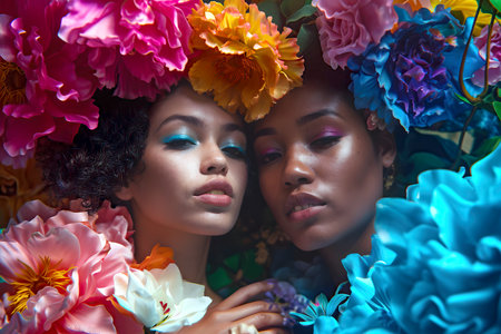 Two women wearing flowers in their hair pose for a photo. Generative AIの素材