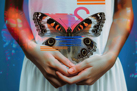 A woman gently holds a colorful butterfly in her hands, showcasing the delicate beauty of nature up close.の素材