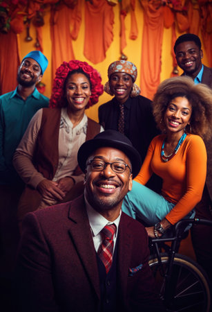 Generative AI image showcases a joyous group of diverse African American individuals smiling together, celebrating Black History Month against a warm, vibrant backdrop.の素材
