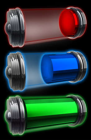 three transparent batteries standing upright on a black reflective surface with each showing a...