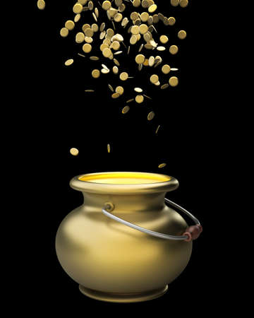 Golden pot full of gold coins 3d renderの写真素材