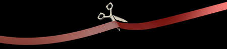 Scissors cut red ribbon closeup. isolated on black background High resolution 3D image