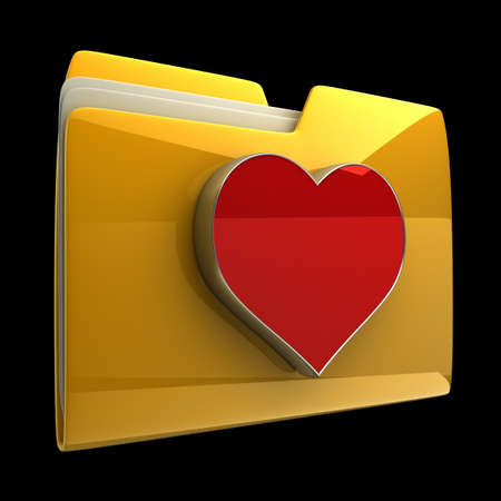 Yellow folder with red Heart isolated on black background High resolution 3Dの写真素材