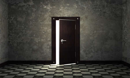 bright light through an open door in empty room 3d backgroundの写真素材