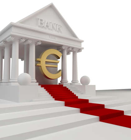 Bank building with a gold symbol Euro 3d isolated on whiteの写真素材