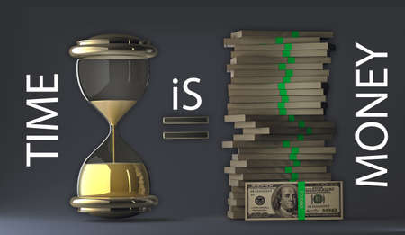 time is money packs of dollars over dark sacking 3d render. with clipping path