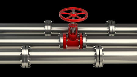 gas pipe with a red valve on black background High resolution 3D