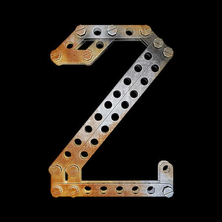 grunge metallic figure with rivets and screws isolated on black background 3d render high resolutionの写真素材