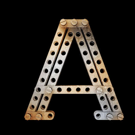 grunge metallic letter with rivets and screws isolated on black background 3d render high resolution の写真素材
