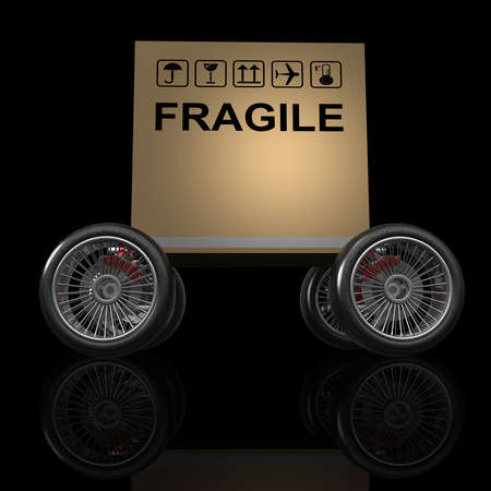 Cardboard box with big car wheel isolated on black background. High resolution 3d render の写真素材