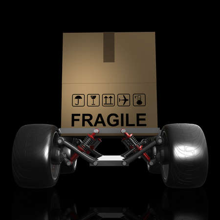 Cardboard box with big car wheel isolated on black background. High resolution 3d render 
