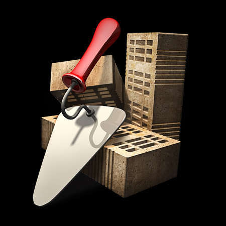 Building and construction concept. brick and metal trowel isolated on black background High resolution 3d render の写真素材