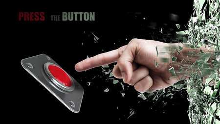 Hand press on big Red button out of cracked glass isolated on black background 