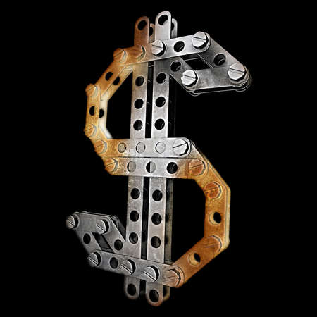 grunge metallic symbol currency with rivets and screws isolated on black background 3d render high resolution の写真素材