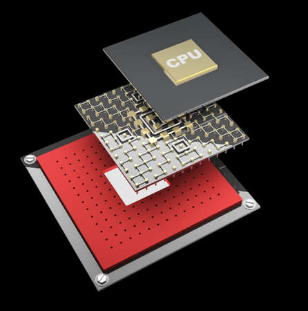Computer microchip CPU disassembled. Icon 3D. isolated on black background High resolution 