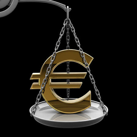 Scale with golden Euro symbol isolated on black background High resolution 3d render の写真素材