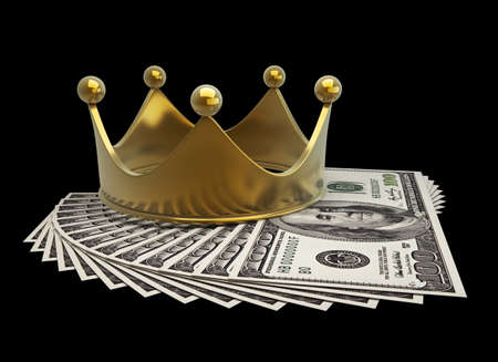 concept golden crown and dollars isolated on black background High resolution 3d の写真素材