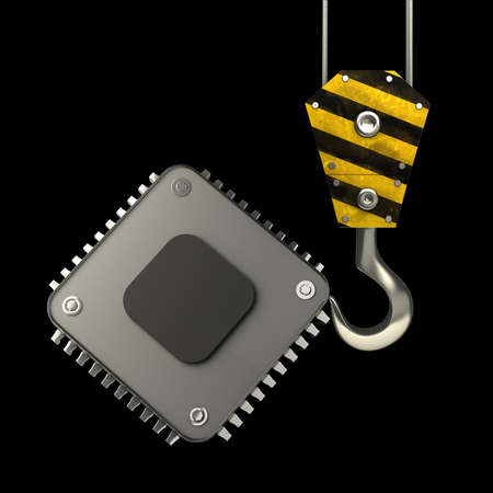 Yellow crane hook lifting Processor unit CPU isolated on black background High resolution 3d...