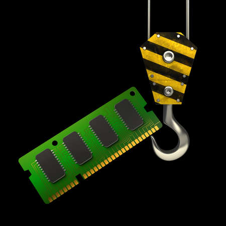 Yellow crane hook lifting RAM Memory Card isolated on black background High resolution 3d...