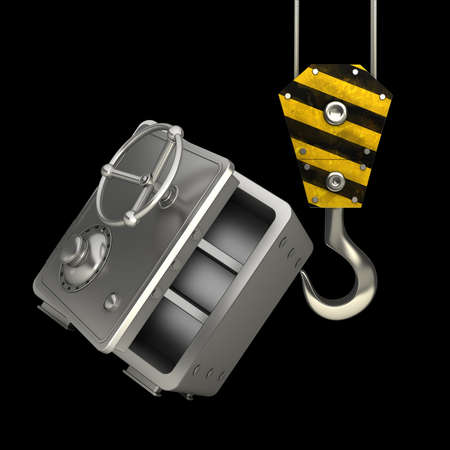 Yellow crane hook lifting steel bank safe isolated on black background High resolution 3d illustration の写真素材