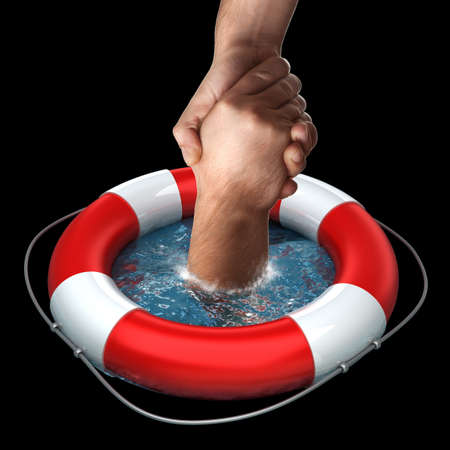 Business concept Red life buoy with hands in the water High resolution の写真素材