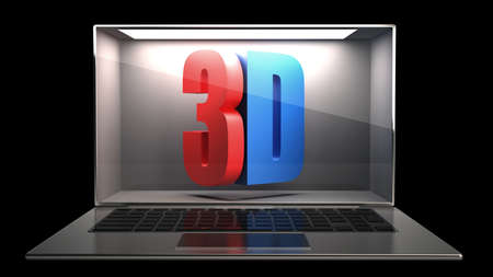 3D CONCEPT thin laptop with the three-dimensional screen isolated on black background High resolution の写真素材