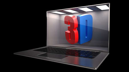 3D CONCEPT thin laptop with the three-dimensional screen isolated on black background High resolution の写真素材