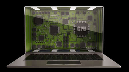 CONCEPT thin laptop with the three-dimensional screen and CPU inside. isolated on black background...