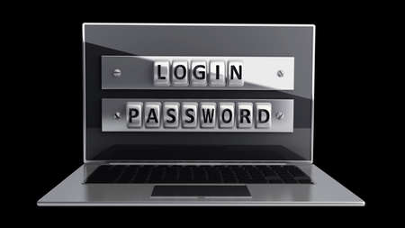 Laptop with steel security password isolated on black background. High resolution 3D 