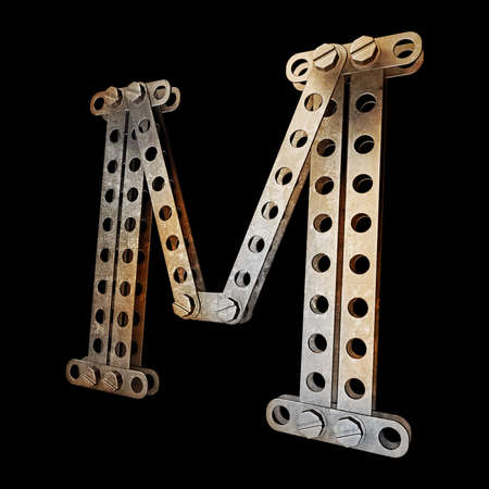grunge metallic letter with rivets and screws isolated on black background 3d render high resolution の写真素材